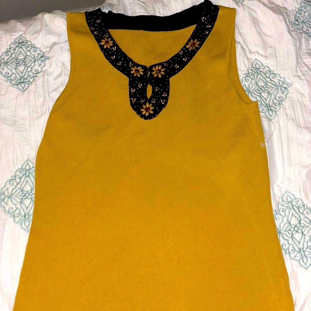 Vintage Mustard Blouse with Detailed Floral Beaded Neckline